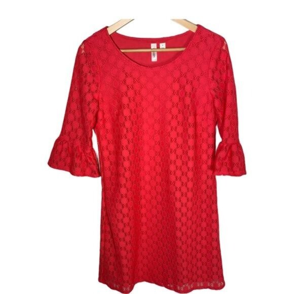 Tacera Red Lace Bell Sleeve Mini Shift Dress Small - Picture 1 of 12